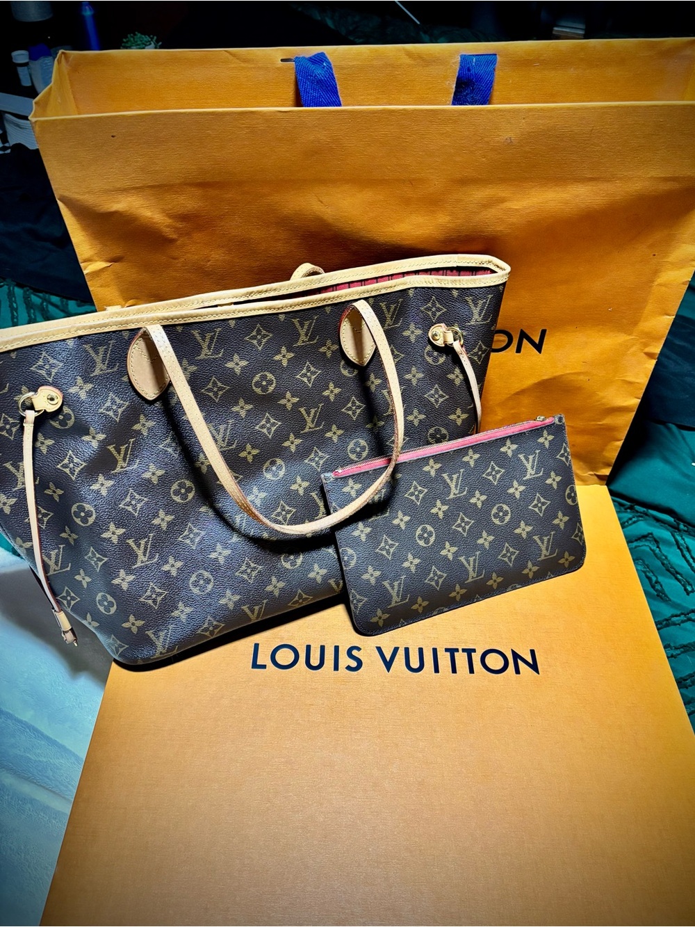 Louis Vuitton Brown Monogram Canvas Tote with Red-Trim Pochette